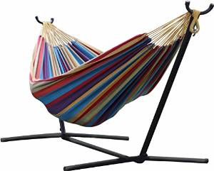 Vivere Double Hammock with Space-Saving Steel Stand, Tropical